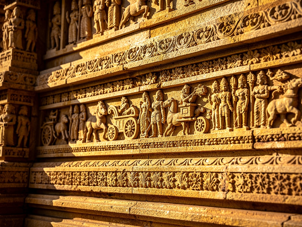 Intricate stone carvings on Hazara Rama Temple walls depicting Ramayana scenes
