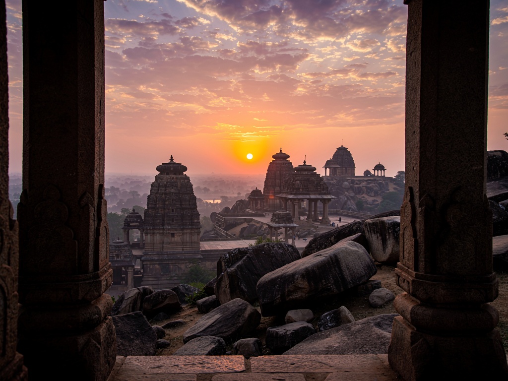 Sunrise view from Hemakuta Hill with ancient temple silhouettes