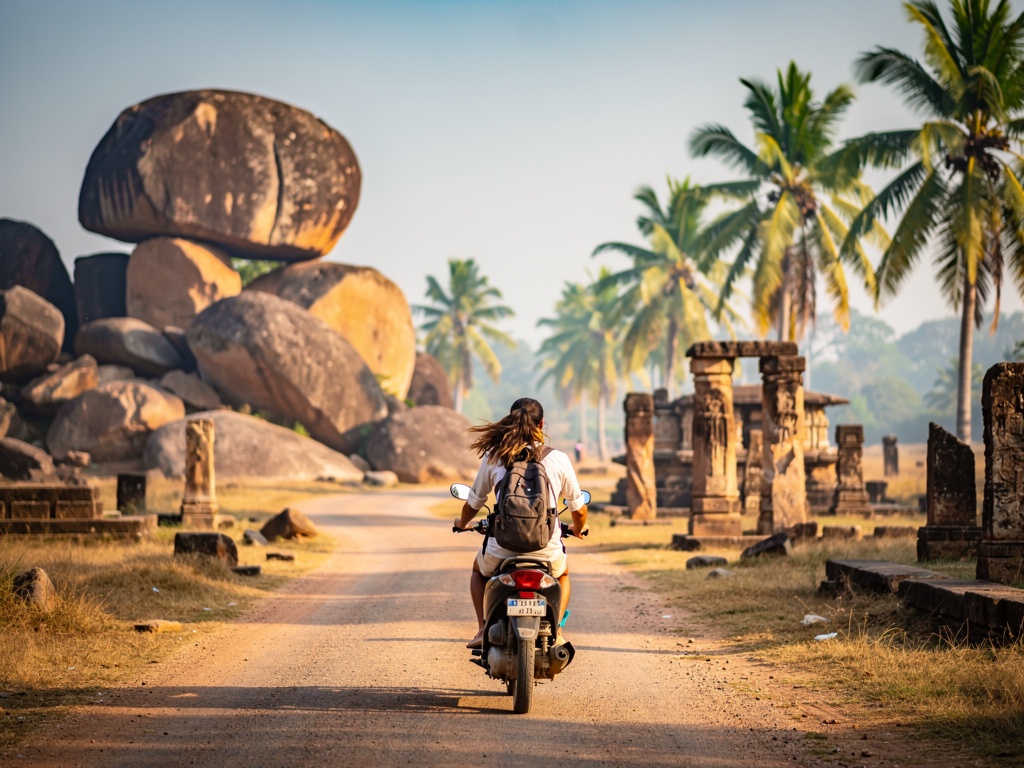 Scooter travel through Hampi's boulder landscape