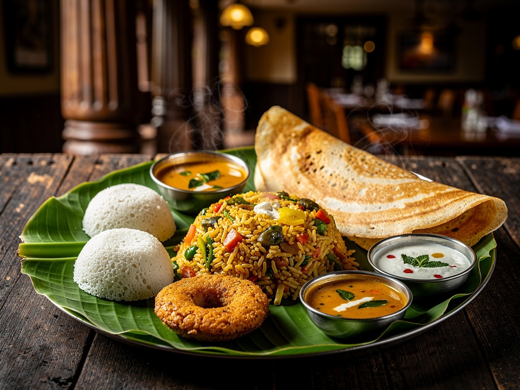 Traditional South Indian thali meal served on banana leaf